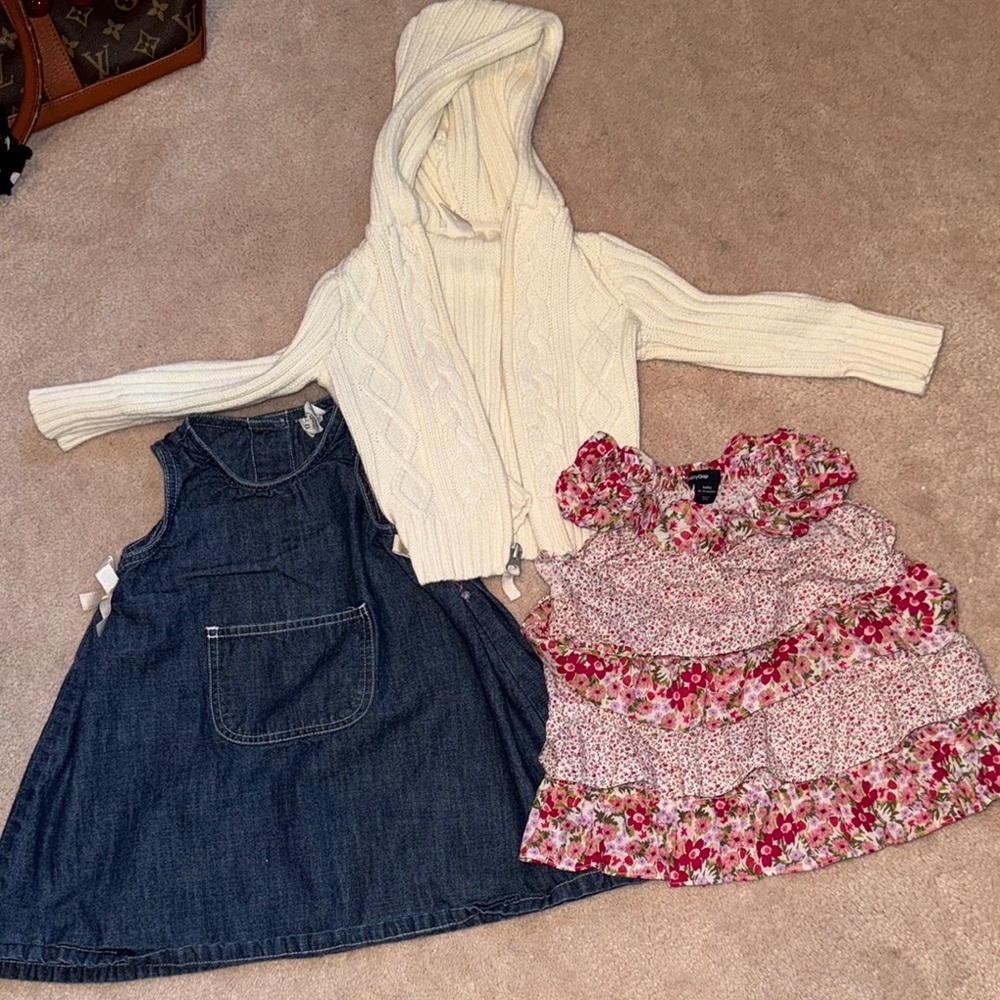 Cream Knit Hoodie with Floral Shirt and Denim Dress Set 18-24 months